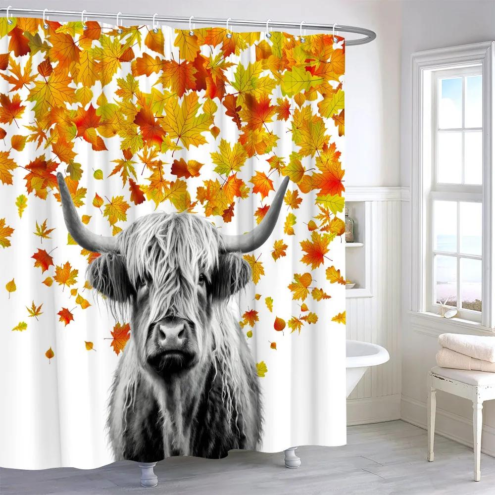 Highland Cow Leaf Pumpkin Shower Curtain Autumn Thanksgiving Gift Watercolour Print Polyester Fabric Bath Curtain Bathroom Decor