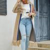 Women Open Front Sweater Long Sleeve Contrast Color Tassel Decor Knit Outwear Stylish Lady Sweater