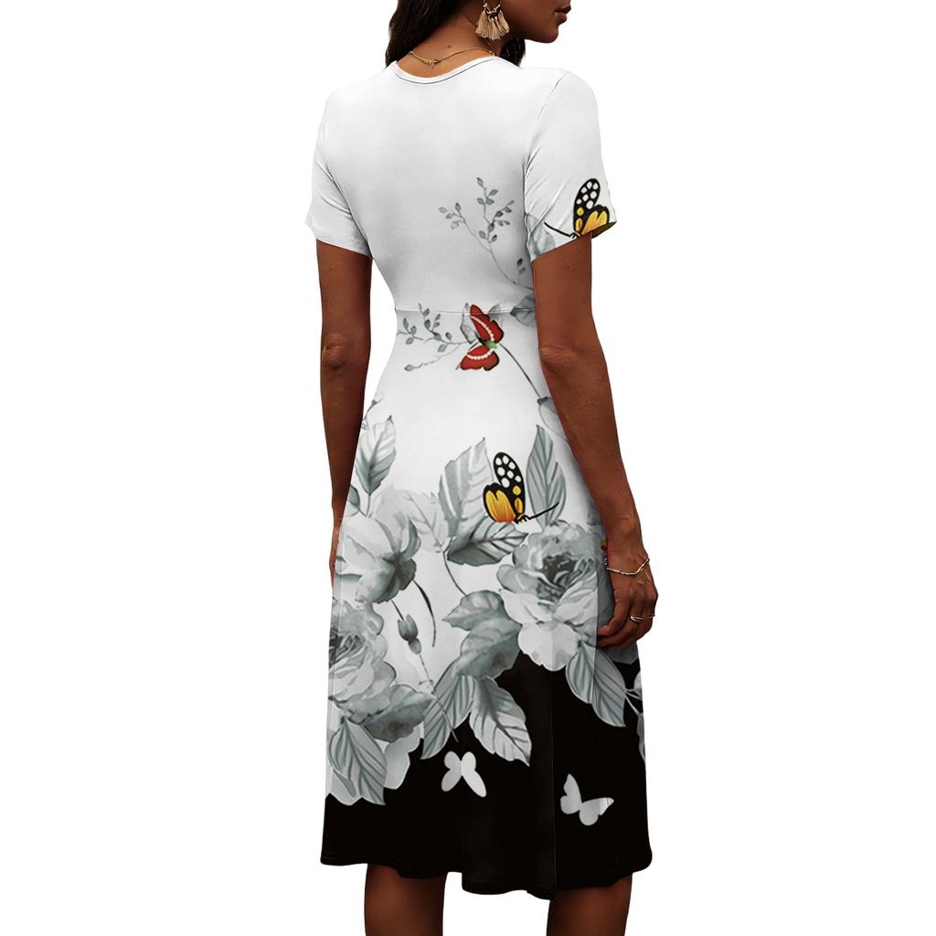 Ladies' Floral Casual Fashionable Short Sleeved V-neck Dress