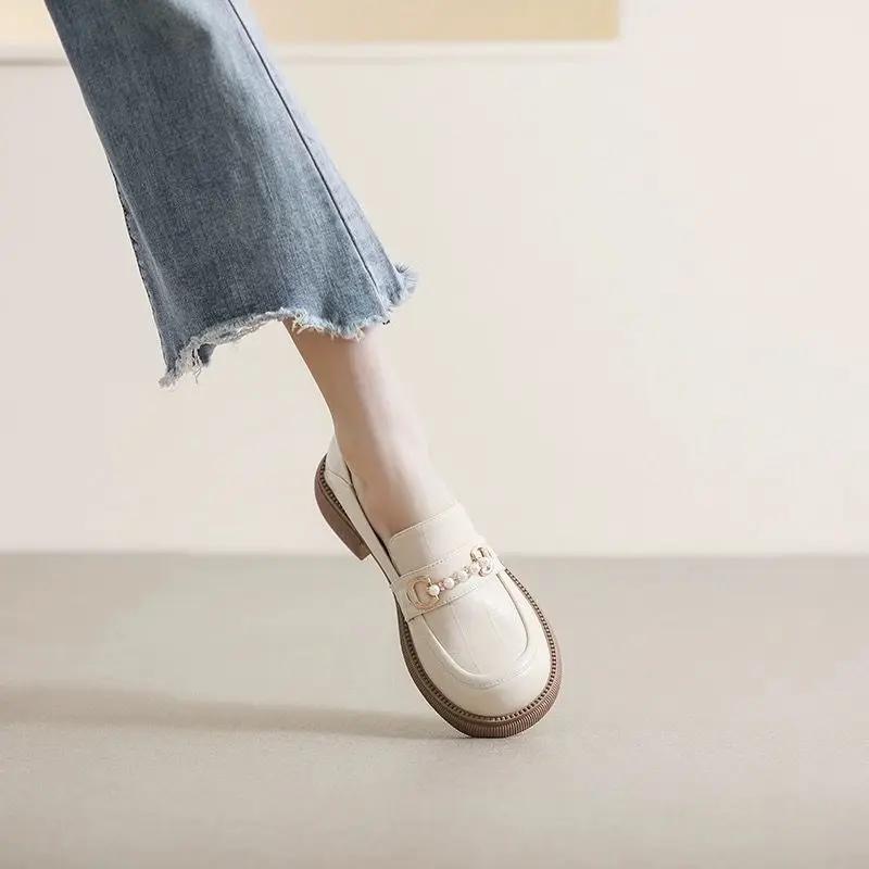 Low Heel Elegant Loafers Ladies Pumps Round Toe Women's Shoes Pearl Stylish on Sale Summer 2025 Spring Slip Luxury Brand Dress