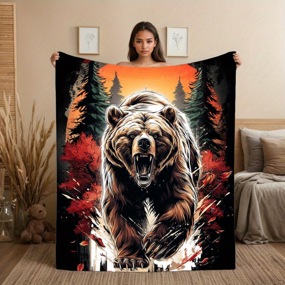 1pc Bear Forest Sunset Flannel Throw Blanket - Brown Bear & Pine Tree Forest Print with Black OrangeGreen Yellow Golden Hues Size: 75*100cm, Weight: 230 GSM