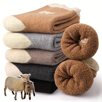 5 Pairs Men's Casual Solid Wool Knit Socks, Thick Soft Warm Breathable Sweat Absorption Comfy Crew Socks For Autumn Winter
