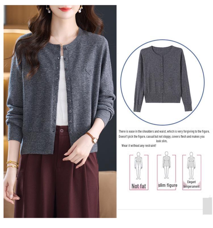 Women's Solid Color Wool Jacquard Long Sleeve Cardigan Sweater