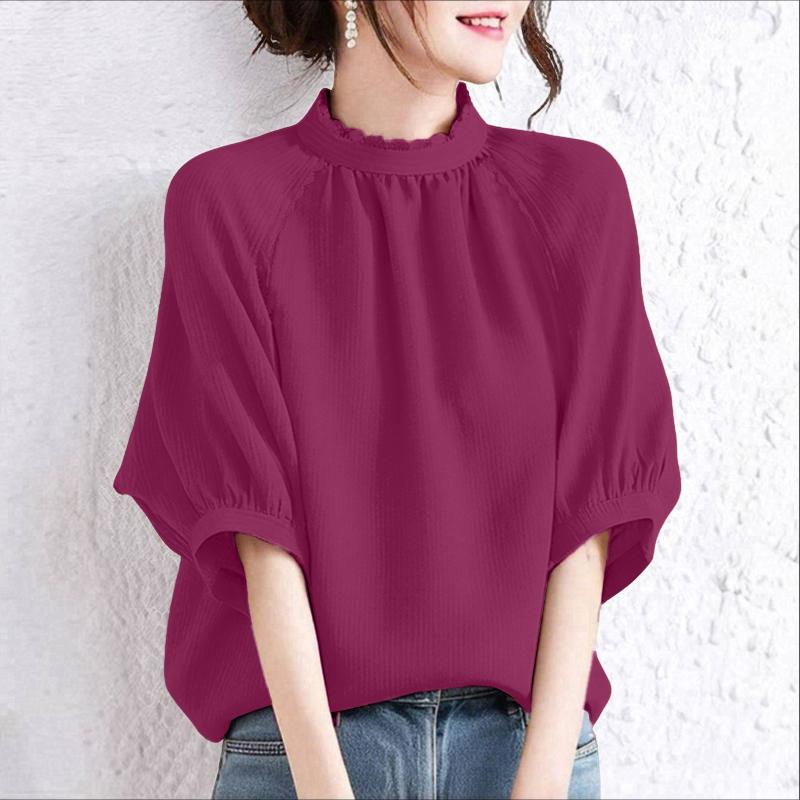 

ZANZEA Women Summer Stand Collar Casual 3/4 Sleeve Blouse 5XL кларет