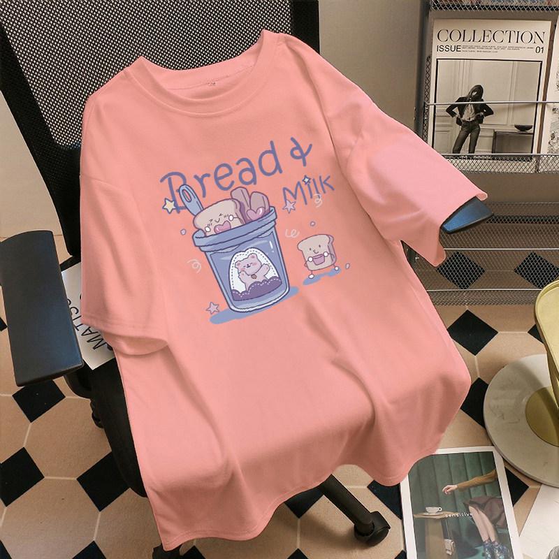 Japanese Cute Plus Size Purple Printed Cotton T-Shirt for Women - Loose, Short Sleeve, Summer Style