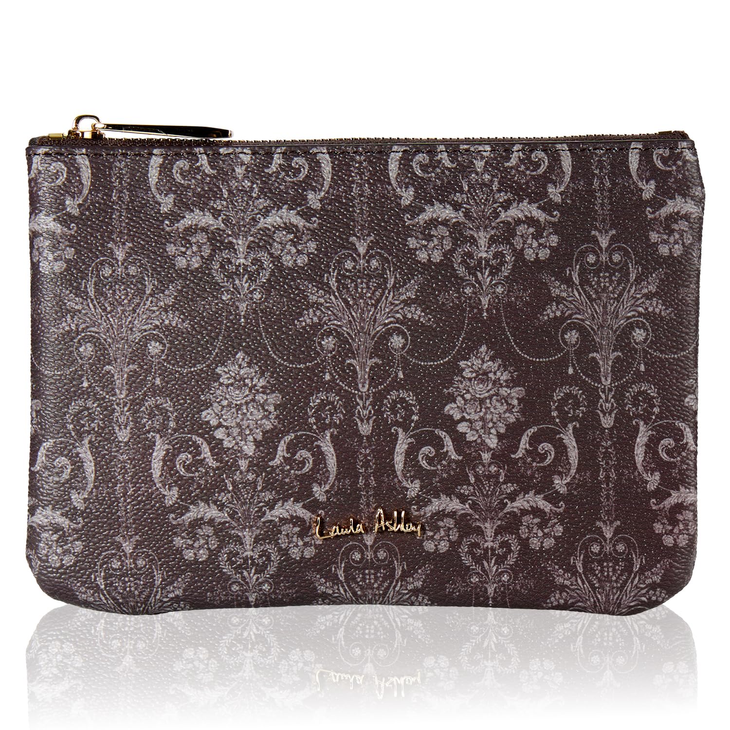 

Laura Ashley Jossette Pouch, a cute and stylish accessory case for women. Features an antique-style pattern and a classic, elegant design in charcoal