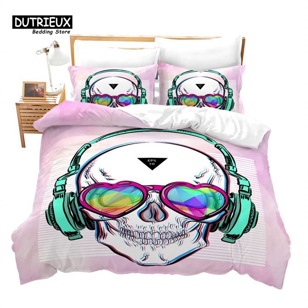 Funda Nórdica Calavera Oscura Microfibra Gótica Juego de Cama Esqueleto Tema de Terror Funda de Edredón Queen Para Adolescentes Adultos Decoración de Dormitorio