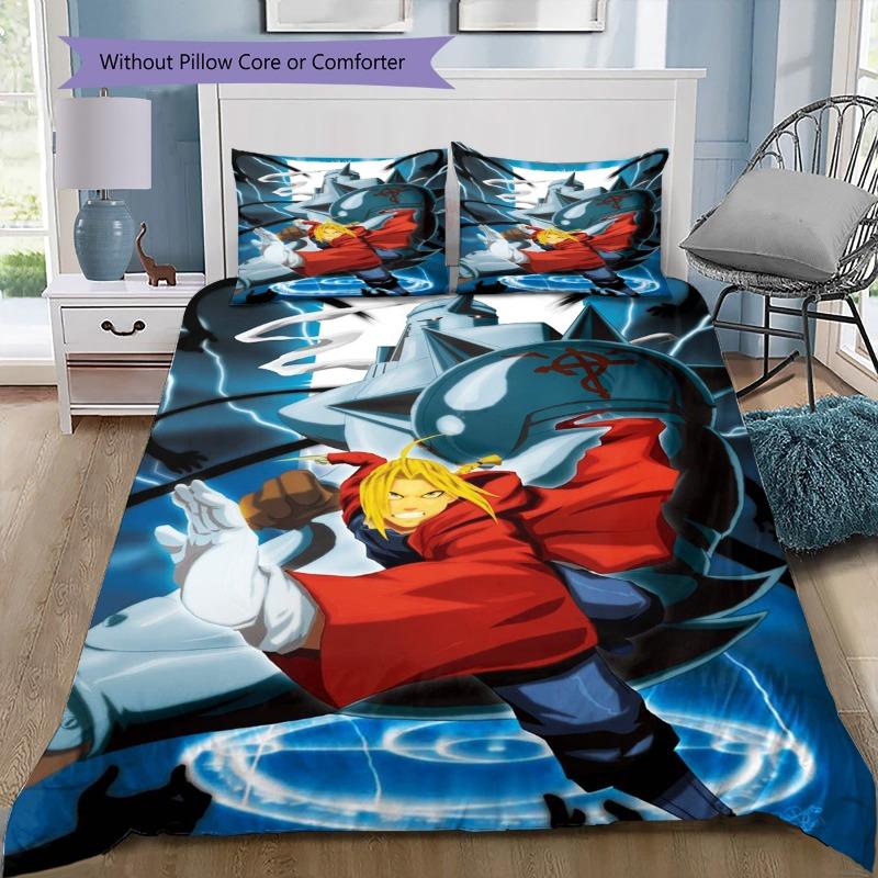 Fullmetal Alchemist 3pcs Bedding Set, Edward Elric Red Magic Circle Anime Duvet Cover Pillowcases, Bed Linen Bedroom Decor