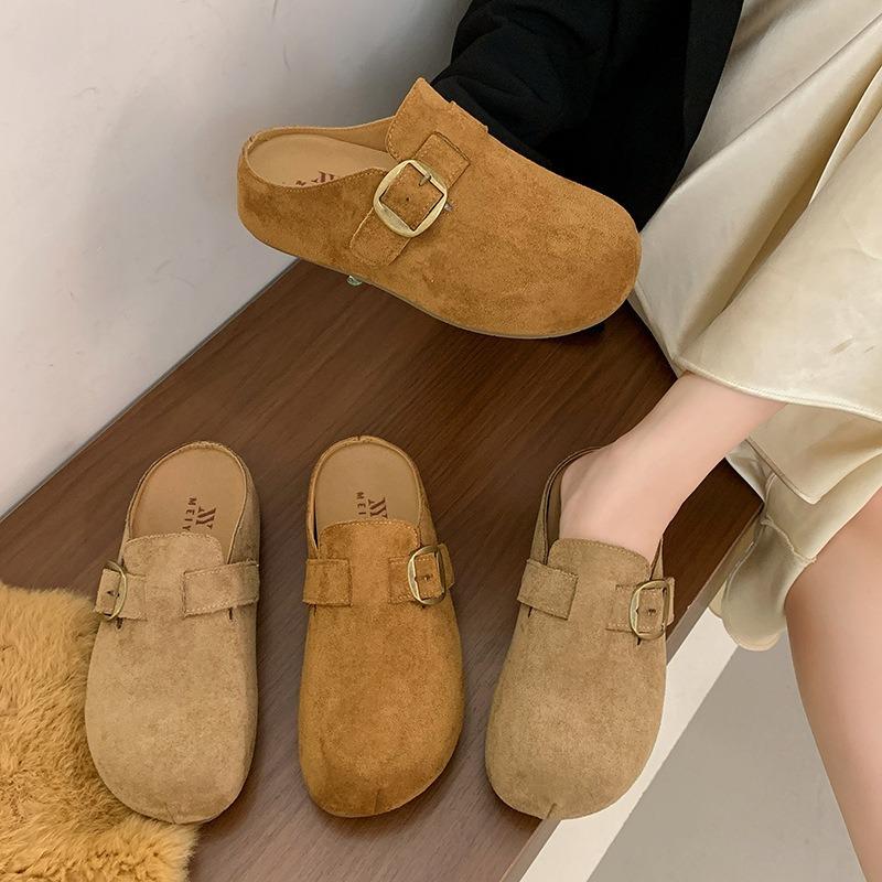 Thick-soled inner height-increasing bag head slippers for women wearing new autumn retro lazy shoes, half a tow