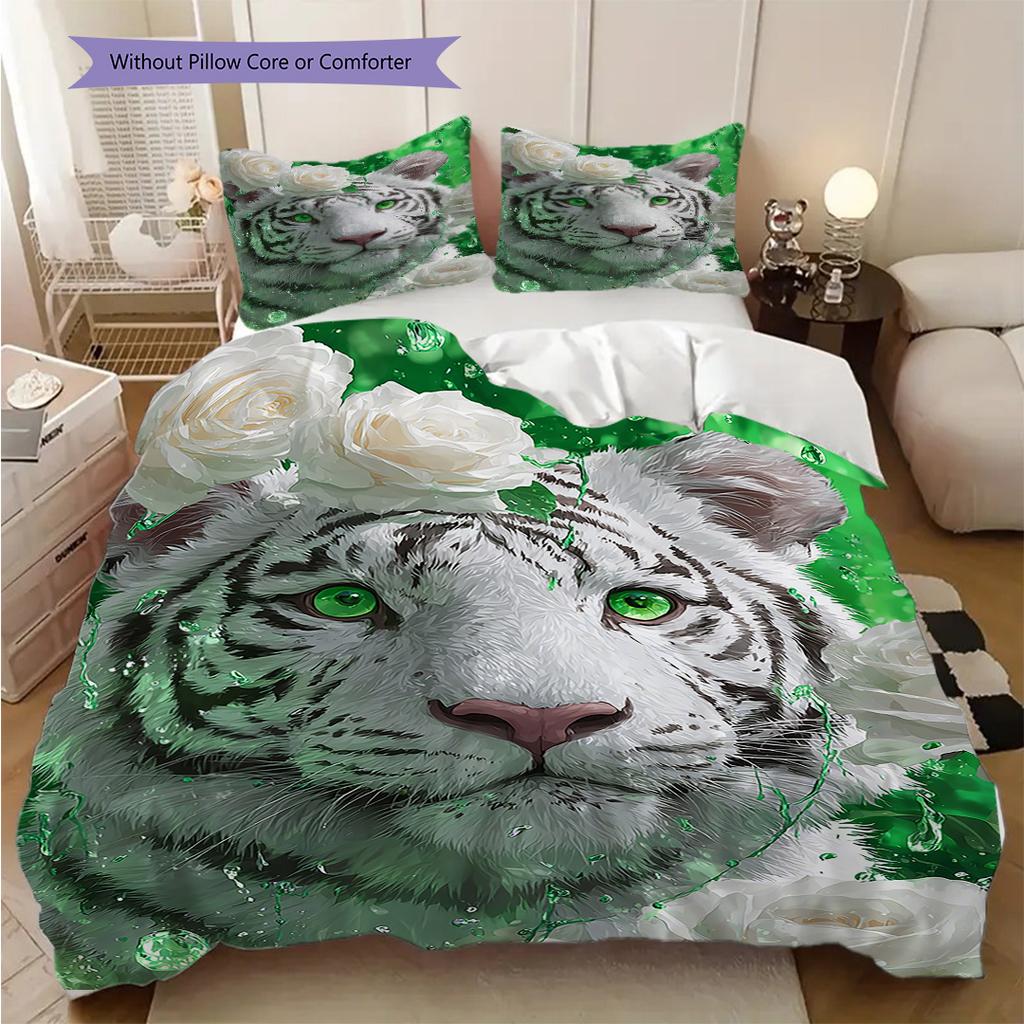 White Tiger Pattern Bedding Quilt Set Quilt Cover Pillowcase Home Decoration Birthday Gift (1 * Duvet Cover + 2 * Pillowcase, Without Core)