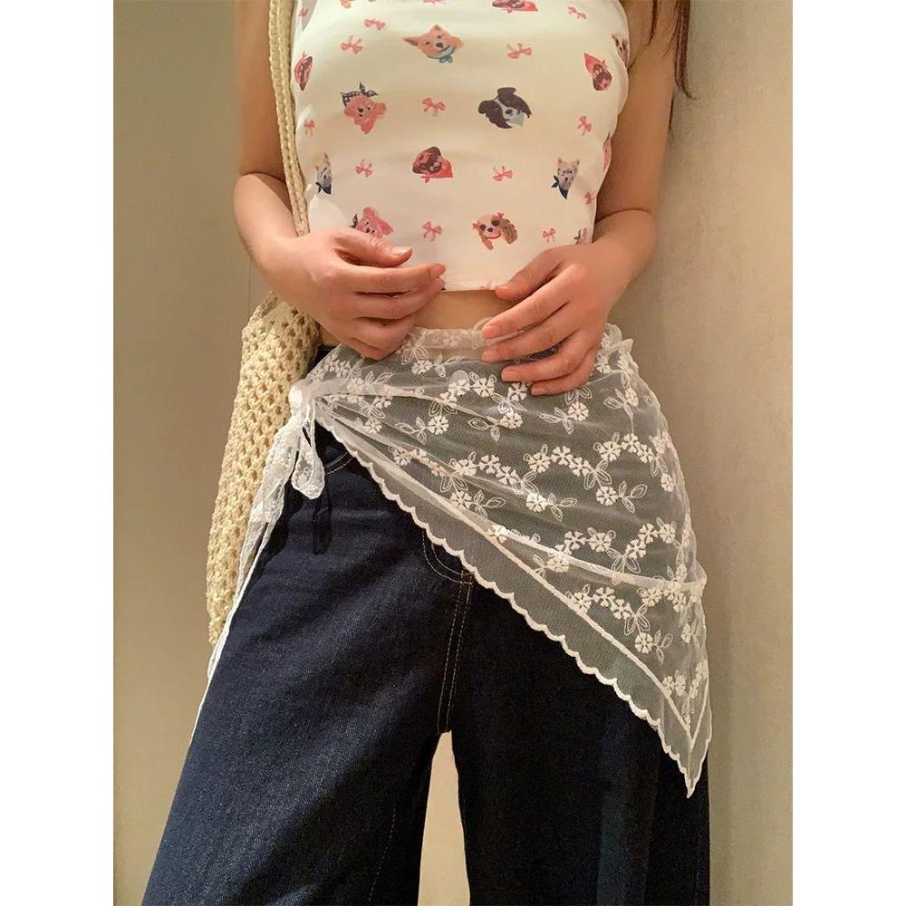 Korean Layering Scarf | 2025 White Lace Skirt Slimmer | Adjustable Waist Wrap