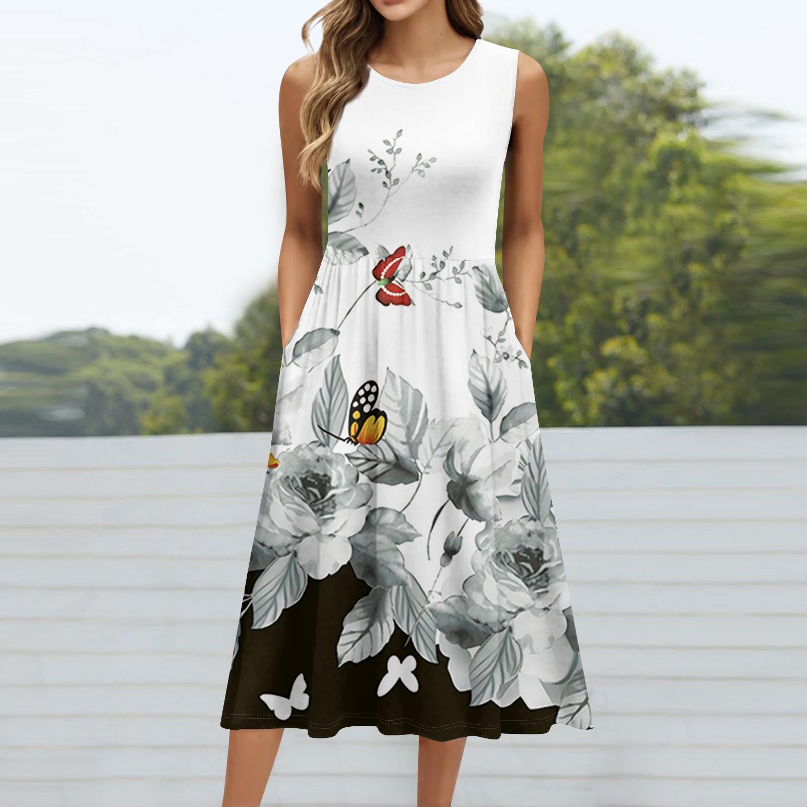 

Женское модное ретро-платье с цветочным принтом, круглым вырезом, без рукавов, повседневным свитером и карманом средней длины M