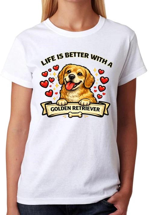 Life Is Better With A Golden Retriever T-Shirt Cute Dog Lover Ladies Tee L