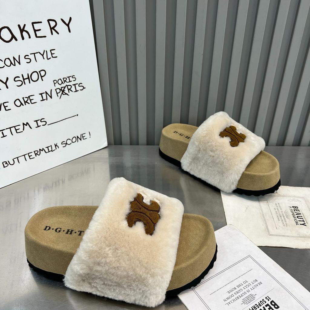 Premium sense fluffy slippers women's wear 2025 autumn and winter new Internet celebrity thick bottom one-word drag fluffy Birkencotton drag