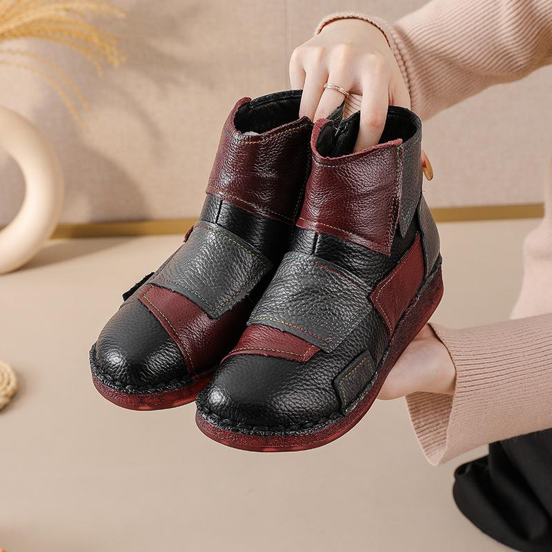 Leather short boots with color matching warm and comfortable cotton shoes women's winter cowhide sole leather boots