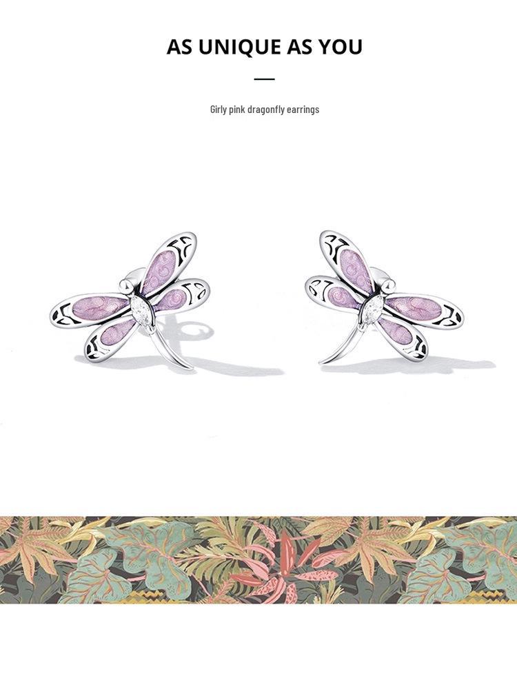Avle S925 Sterling Silver Dragonfly Earrings with Pink Zircon and Exquisite Hollow Design, SCE1414