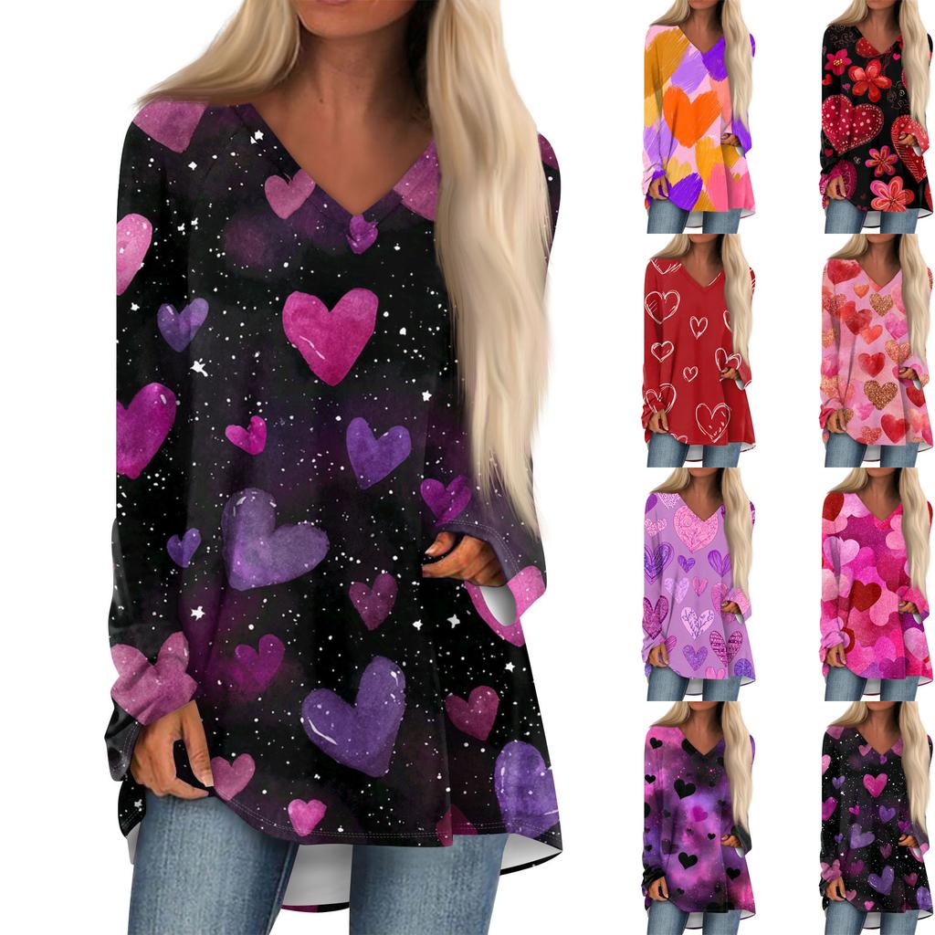 Women's Fashionable Casual Long-Sleeved Valentine's Day Print V-Neck Mid-Length Top