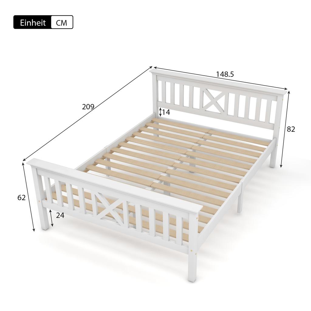 Holzbett Doppelbett aus Bettgestell mit Lattenrost Holzbett mit Kopfteil - 140 x 200 cm Massivholz Kinderbett Jugendbett Kiefer Massiv Weiß