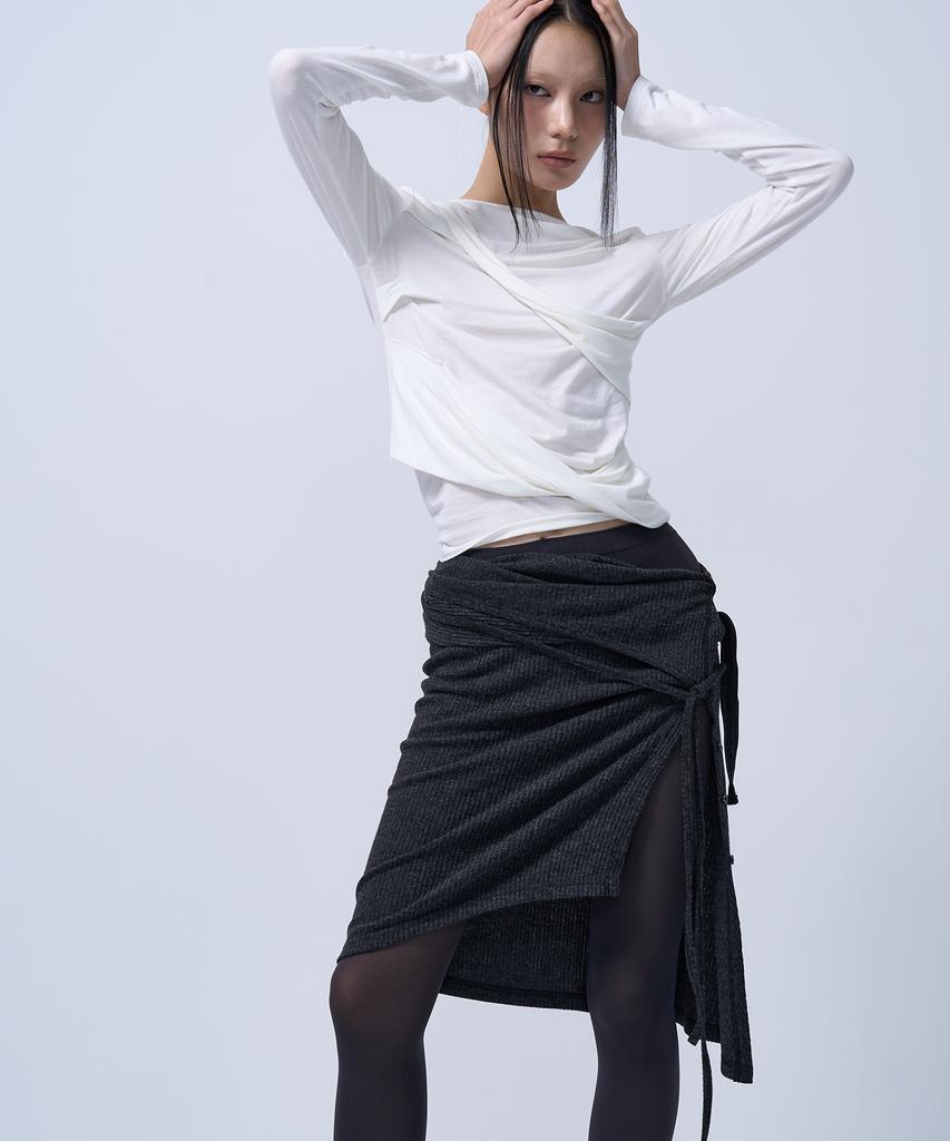 G Museum Layerable Button Wrap Skirt (Melange Charcoal)