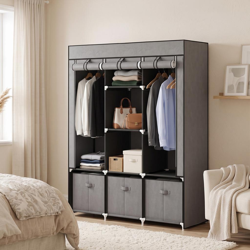 Fabric Wardrobe made of Non-Woven Fabric, Folding Wardrobe, incl. 3 Drawers, 125 cm x 43 cm x 162.5 cm, Grey