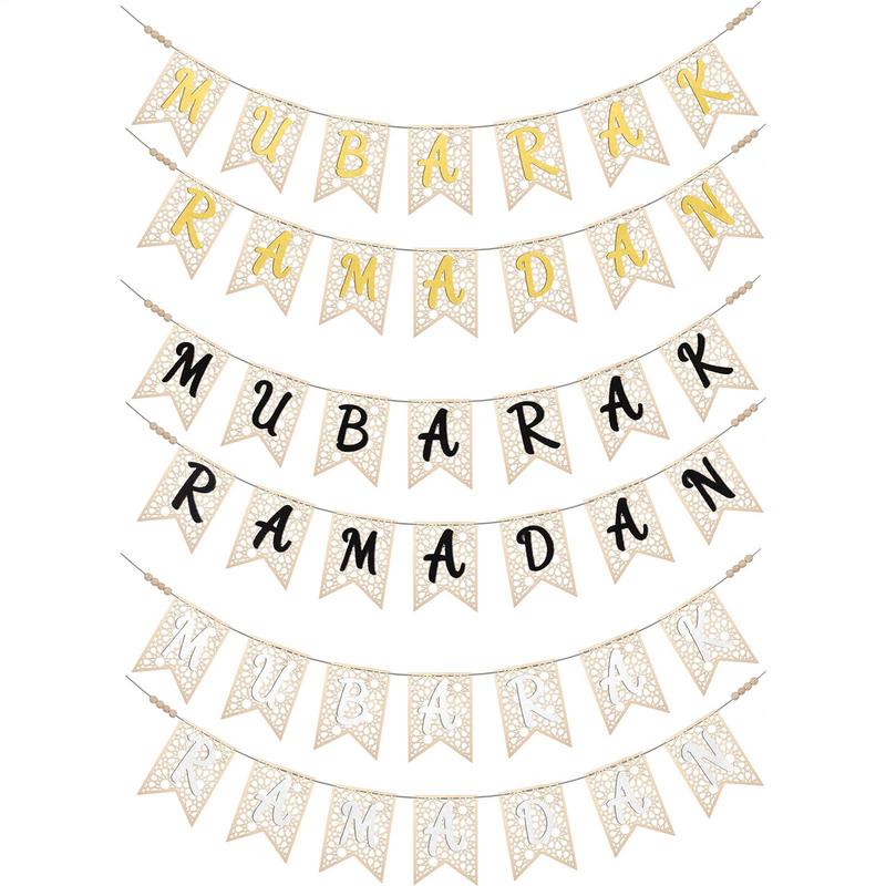 Wooden Ramadan Muslim Decor Banner Pull Flag Ramadan Kareem Hanging Ornaments Wooden Ornaments Eid Mubarak Happy Gift