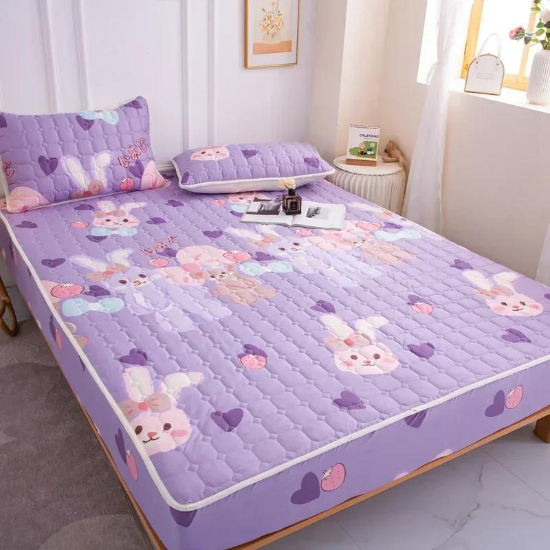Thick Quilted Mattress Cover, Stitched Bed Linen, Printed Bedding, Large Non-Slip Bed Sheet, Dust Cover Without Pillowcase