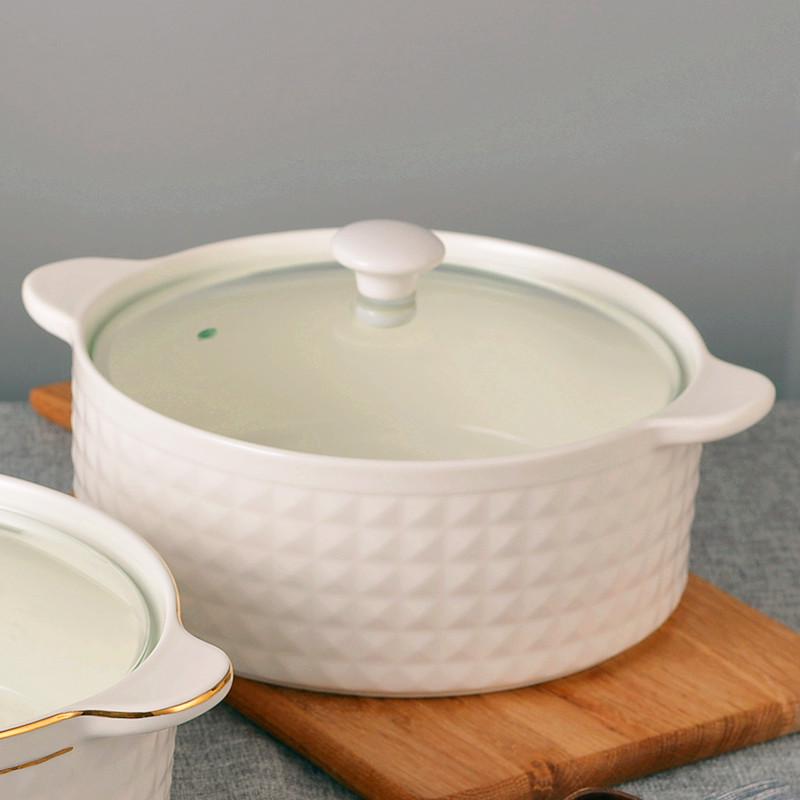 Embossed Ceramic Soup Pot with Lid, Bone China, 8-Inch Large Bowl for Home/Hotel Gift.