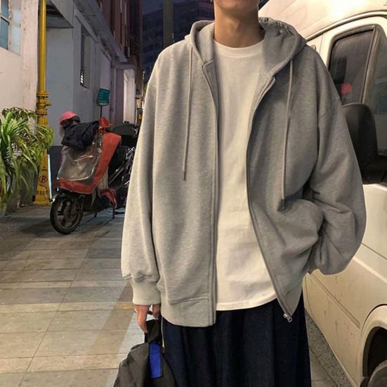 Men Coat Solid Color Hooded Hat Cardigan Soft Drawstring Thick Plus Size Casual Zip Up Winter Jacket Men Clothes