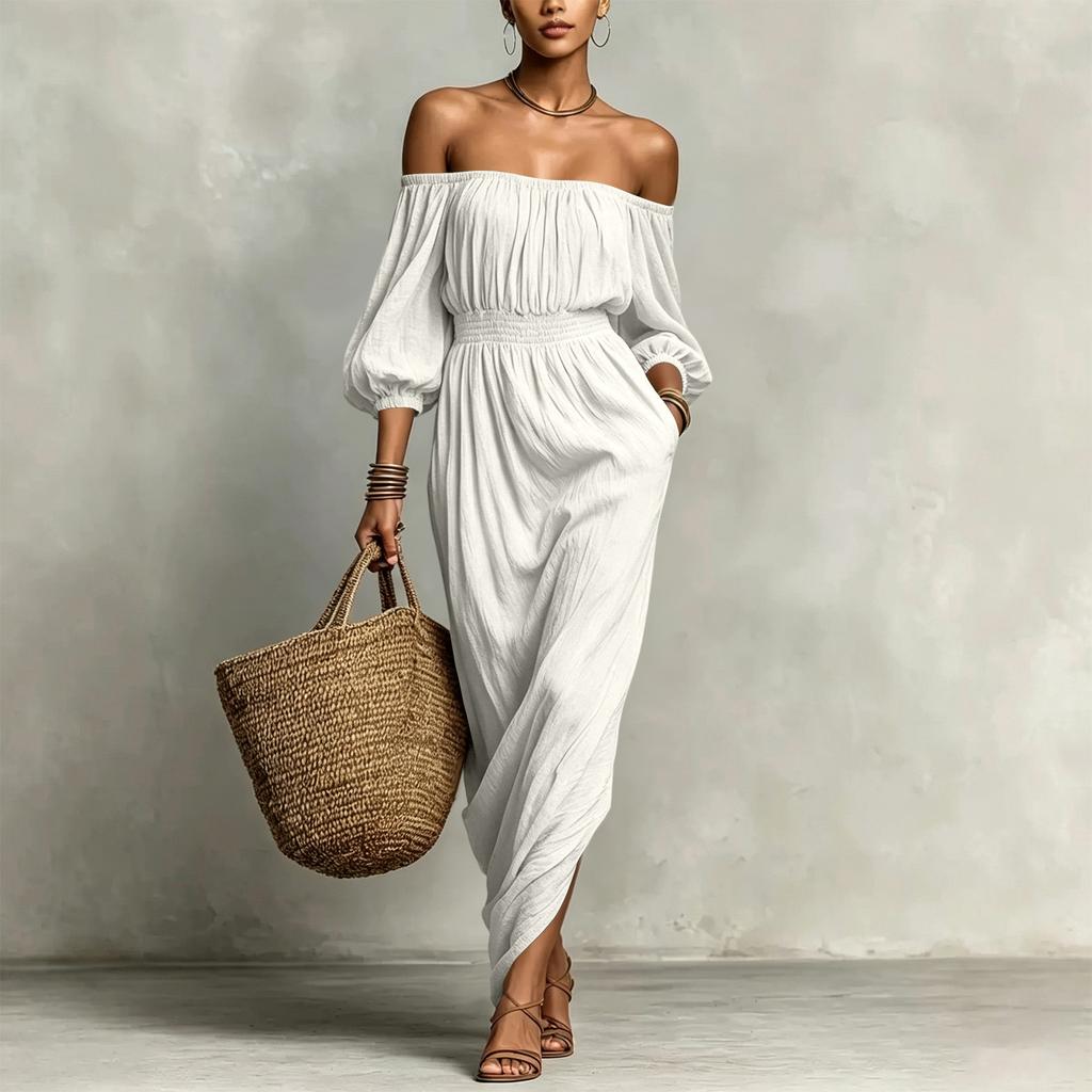 Vestido Casual de Color para Mujer con Hombros Descubiertos para Vacaciones
