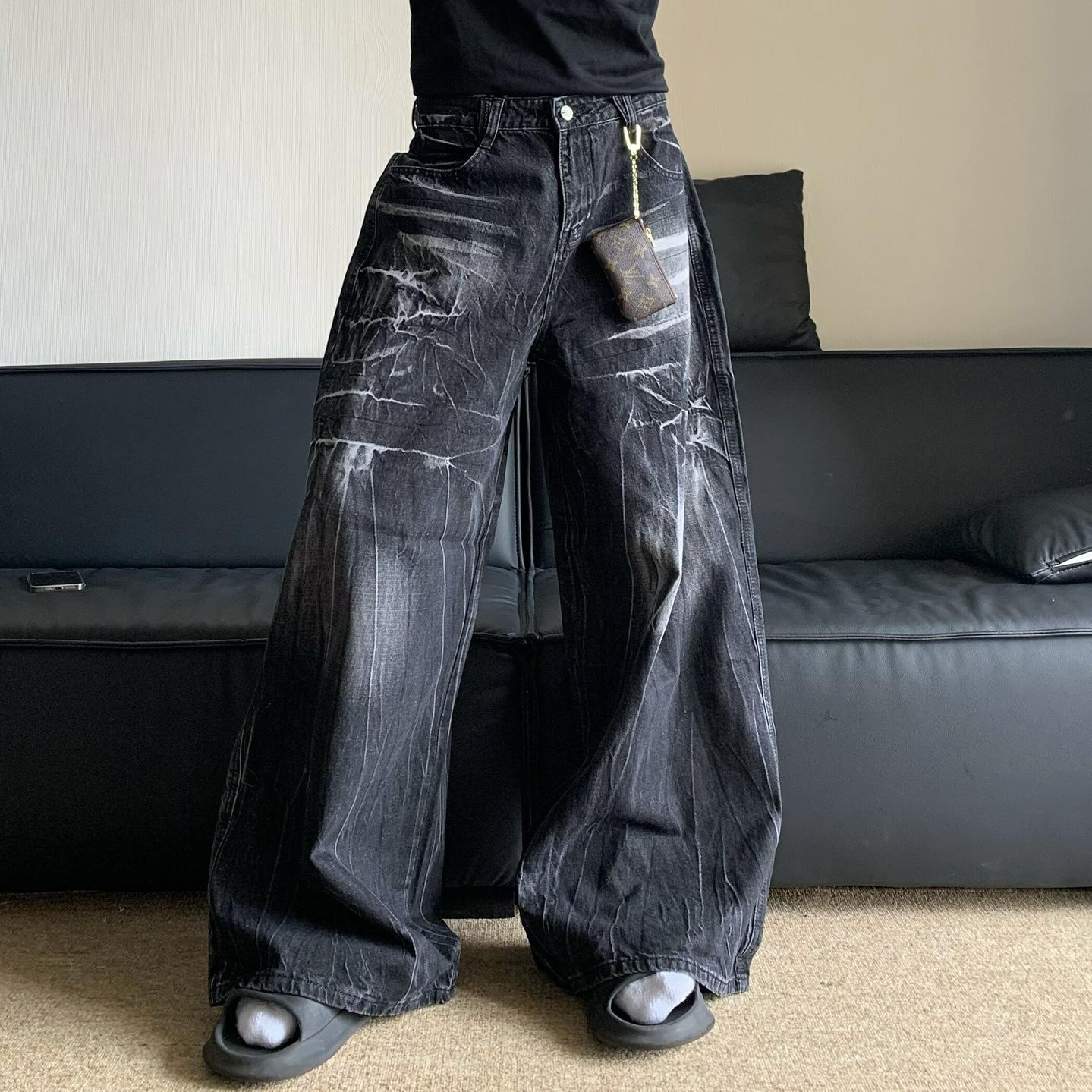 Американский ретро чистый крой стираные старые джинсы мужские нишевый узор молнии вайб свободные широкие штаны длинные S чёрный