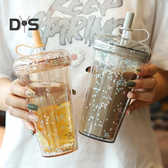Leak-proof Iced Coffee Cup Reusable Straight Pipette Cup with Built-in Straws Double Wall Insulated Iced Coffee Tumbler Cartoon Drinking Cup