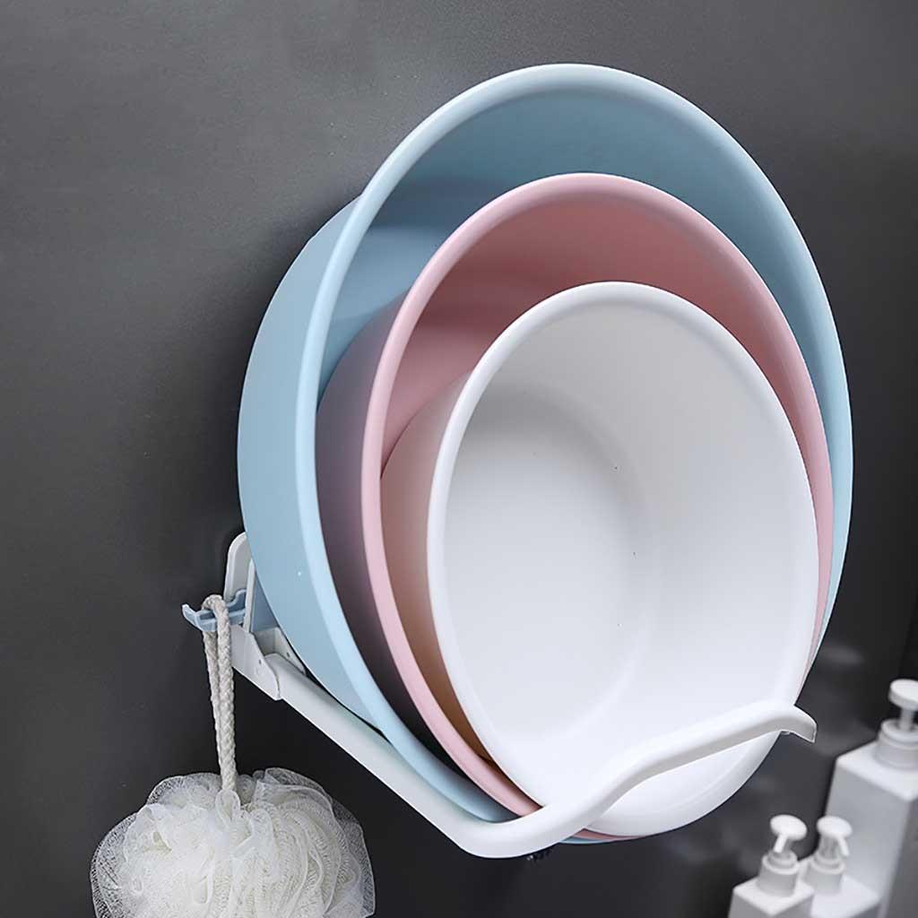 Wall Mounted Foldable Wash Basin Storage Rack Pot Lid Shelf Holder Self Adhesive