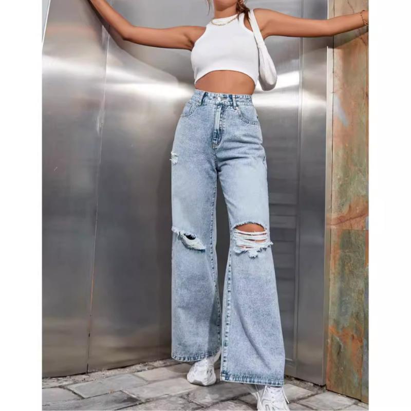 Women's Fashion Ripped High Waist Wide Leg Casual Jeans Classic Women's Casual Denim Pants, Relaxed Wide-leg Silhouette with Durable Fabric,