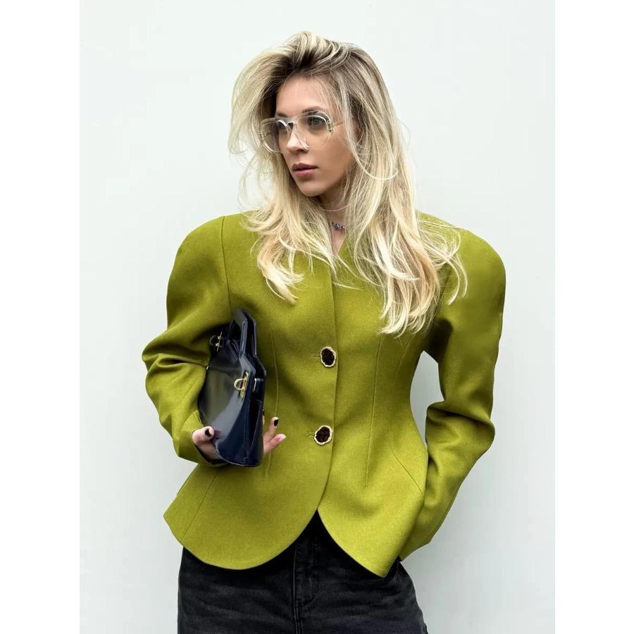 2026 Autumn Women Blazer V Neck Collarless Long Sleeve Hollow Metal Button Cinched Waist Green Tailored Jacket