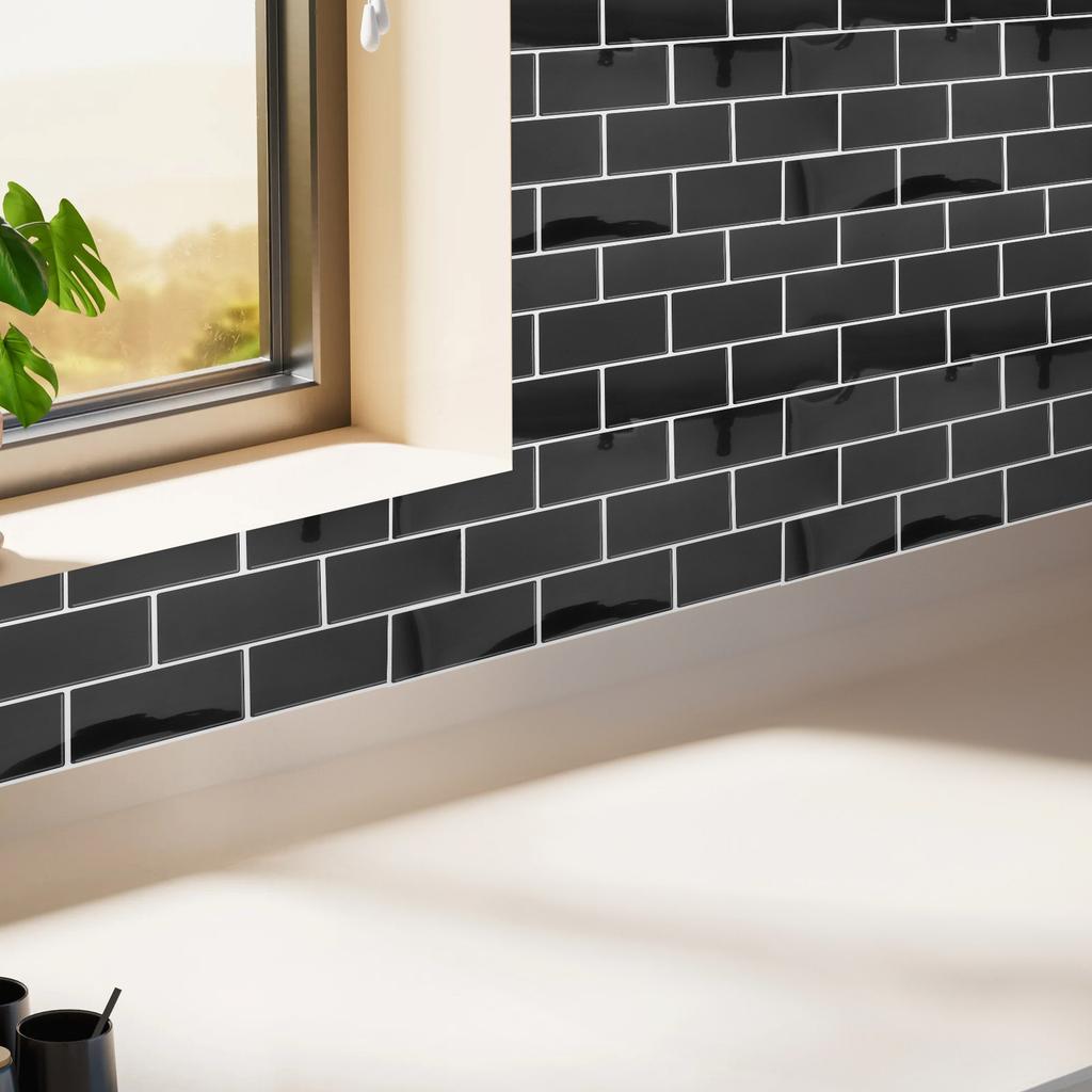 6Pcs Peel and Stick 3D Subway Tile Sticker Sheets,Black Waterproof PVC Self-Adhesive Wall Panels,Easy DIY Backsplash for Kitchen