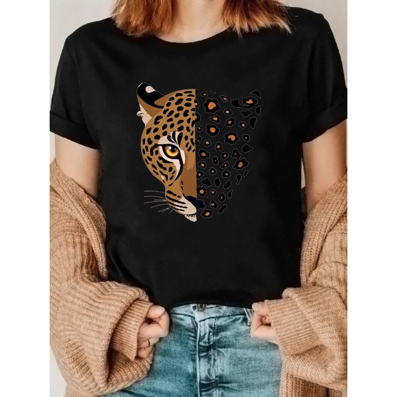 European Size Women's Black Leopard Print Round Neck T-Shirt - Short Sleeve Casual Blouse with Wild Animal Top for Summer