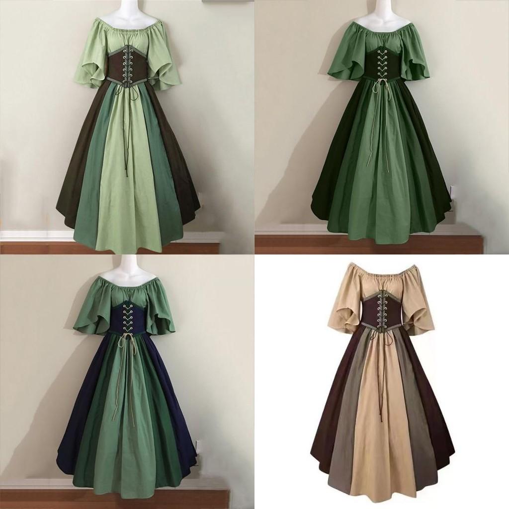 Halloween Women Medieval Fancy Cosplay Costume Stitching Lace Up Maxi Dress