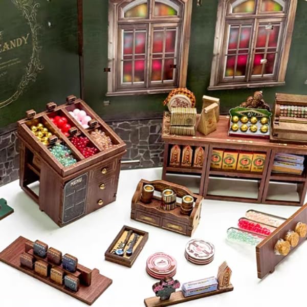 Pixie Curio Book Nook Kit Dollhouse Miniature House 3D Wooden Puzzle Magic Candy Shop LED Touch Switch 180 Degree Swing Door Acrylic Show Window