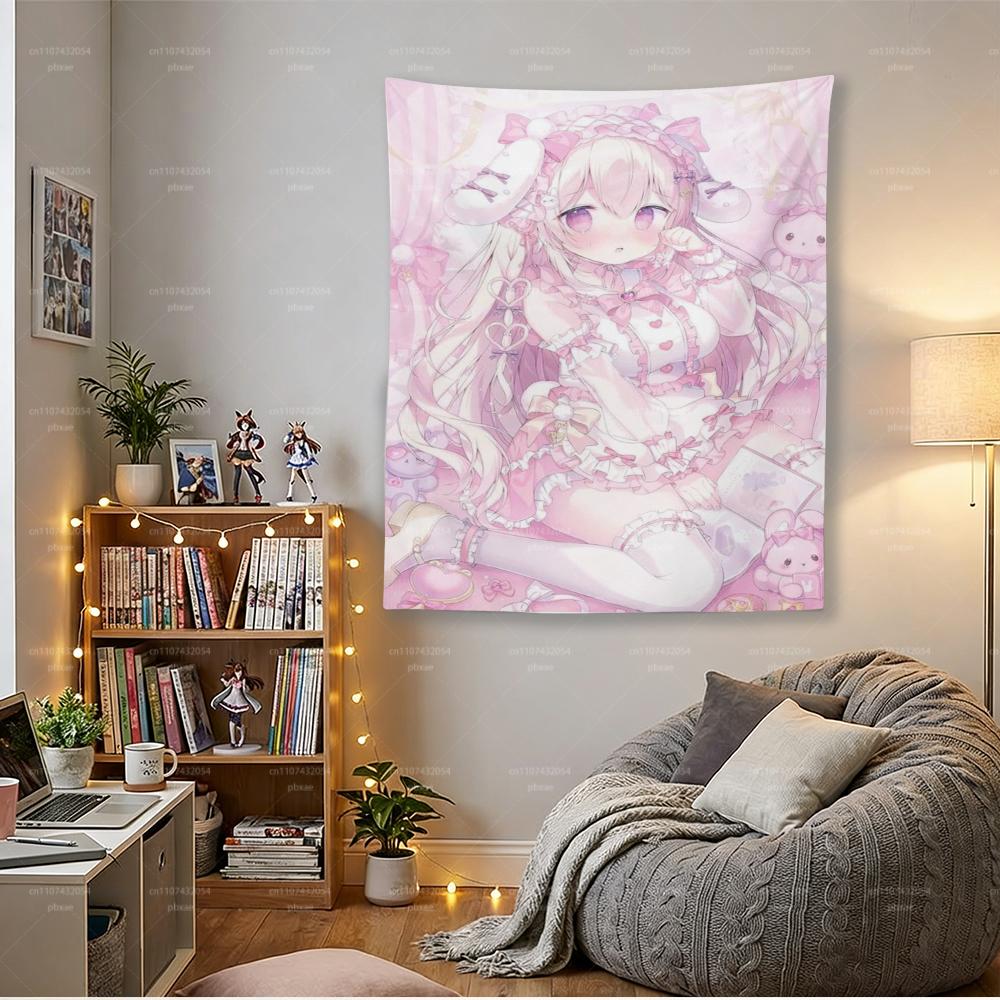 Kawaii Pink Anime Girl Tapestry Cute Maid Lolita Wall Hanging for Bedroom Dorm Decor