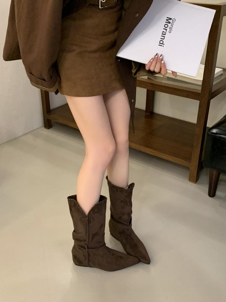 2025 new retro stacking boots inner height increase and thin thick heel short boots women's brown pointed mid tube western boots