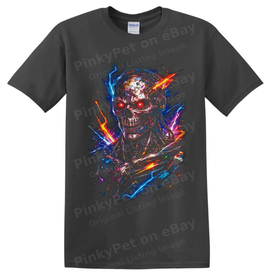Robot Skull T Shirt Neon Lightning Cyberpunk Glitch Art Graphic Tee Unisex Style