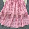 Kobiety Różowa Długa Sukienka Letnia Francuska Retro Krótki Rękaw Drukowane Sukienki Imprezowe Damskie Wąskie A-line Elegancka Długa Suknia Vestidos