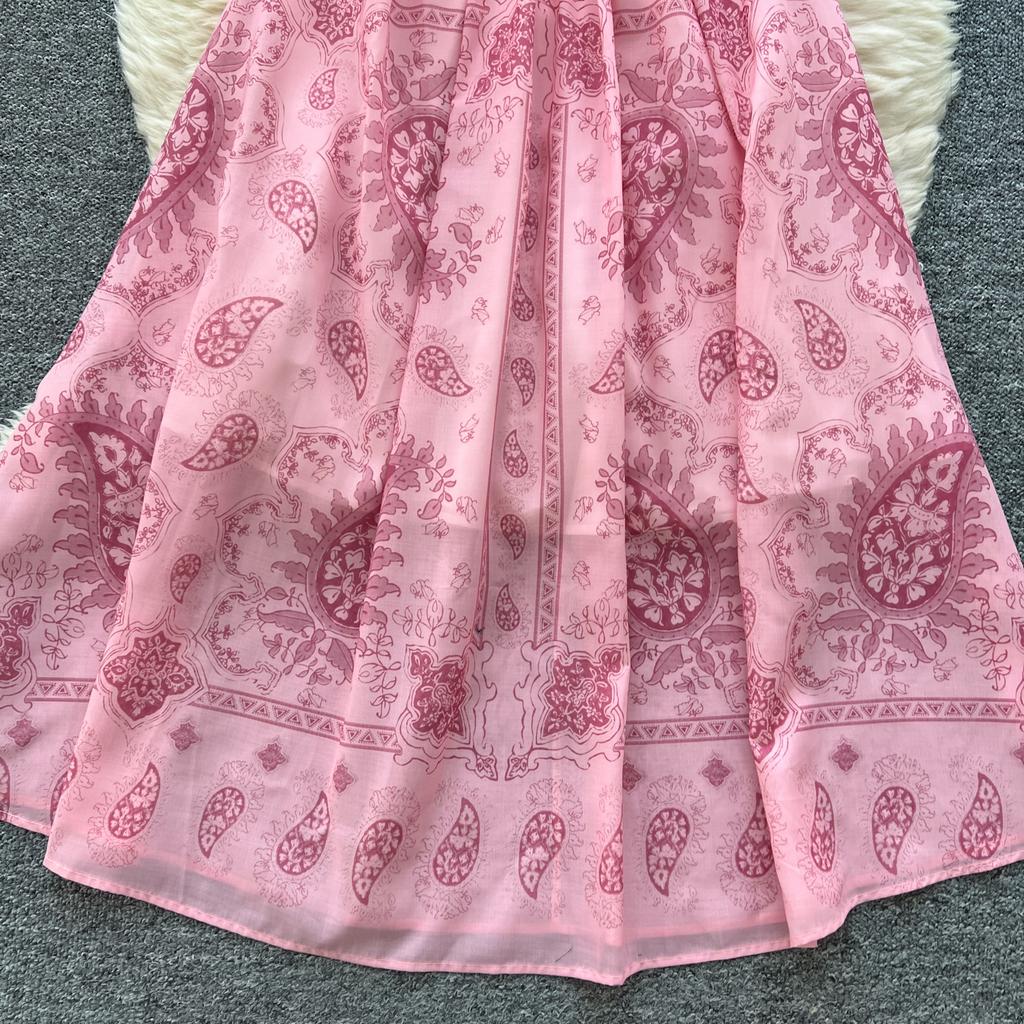 Kobiety Różowa Długa Sukienka Letnia Francuska Retro Krótki Rękaw Drukowane Sukienki Imprezowe Damskie Wąskie A-line Elegancka Długa Suknia Vestidos