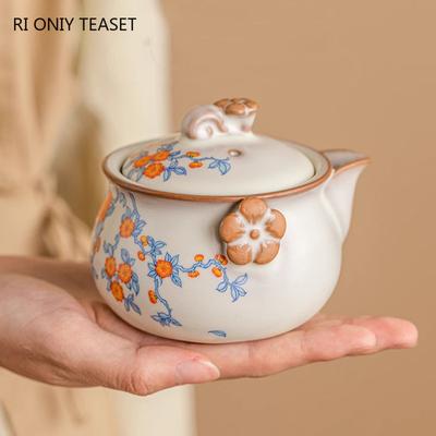 90ml Chinesische Ru-Ofen Keramik Handgriff Topf Handgemacht Blumenmuster Teekanne Schönheit Tee-Sieb Kanne Teekanne Tragbares Teegeschirr