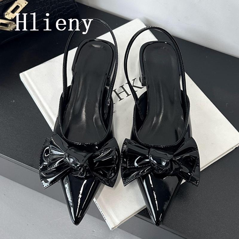 

Hlieny Fashion Design Big Butterfly Knot Женские плоские сандалии-мюли Высококачественные удобные туфли из лакированной кожи с острым носком и ремешком сзади 35 чёрный