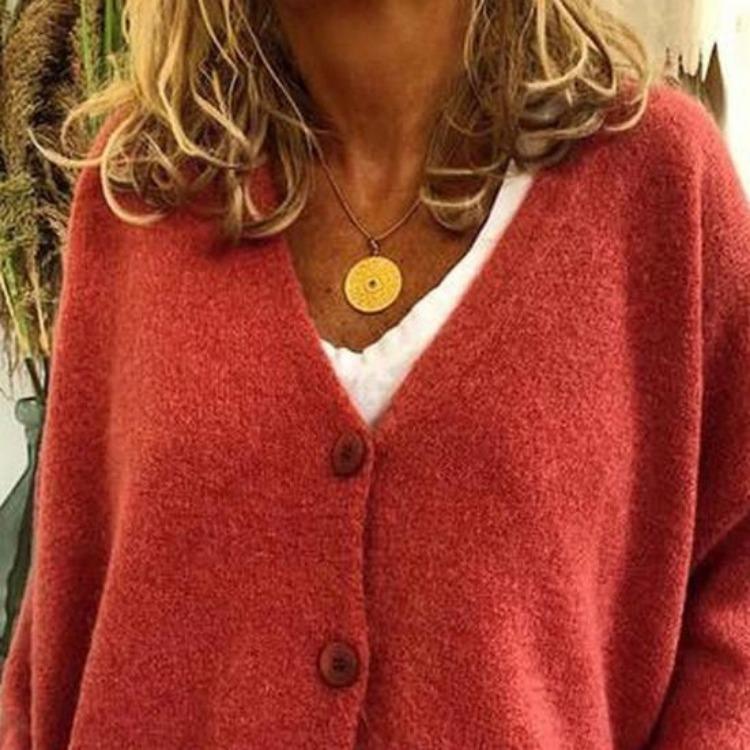 Lockere Passform V-Ausschnitt Pullover Mantel Langarm Strickjacke Einfarbig Gestrickt Damen Pullover