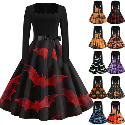 Halloween Print Flare Kleid für Frauen Langarm Kleid Hohl Party Casual Kleider