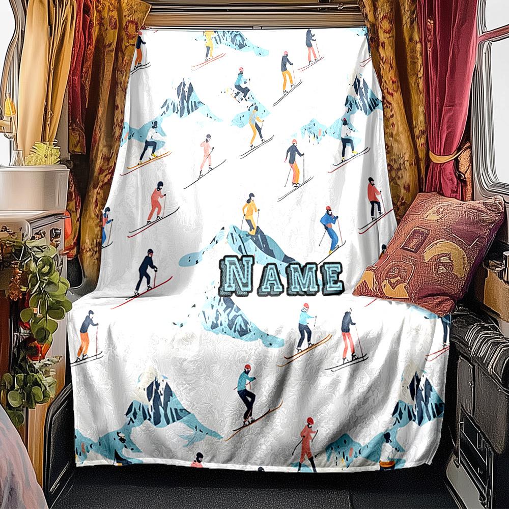 Skiing Adventure On Snowy Peaks With Skiers Blanket Personalized Name Soft Comfortable Stylish Blanket Car Blanket Perfect For Travel Camping Outdoor