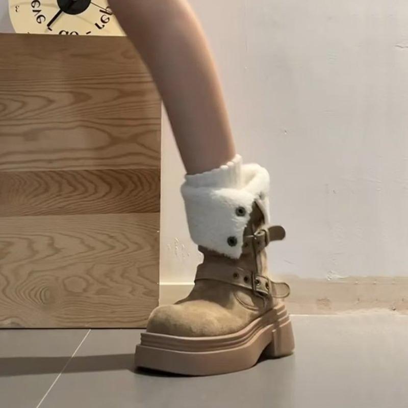 Thick-soled Shoes, Height-increasing Boots, Women's Fleece Warm Boots, Versatile and Retro Ankle Boots