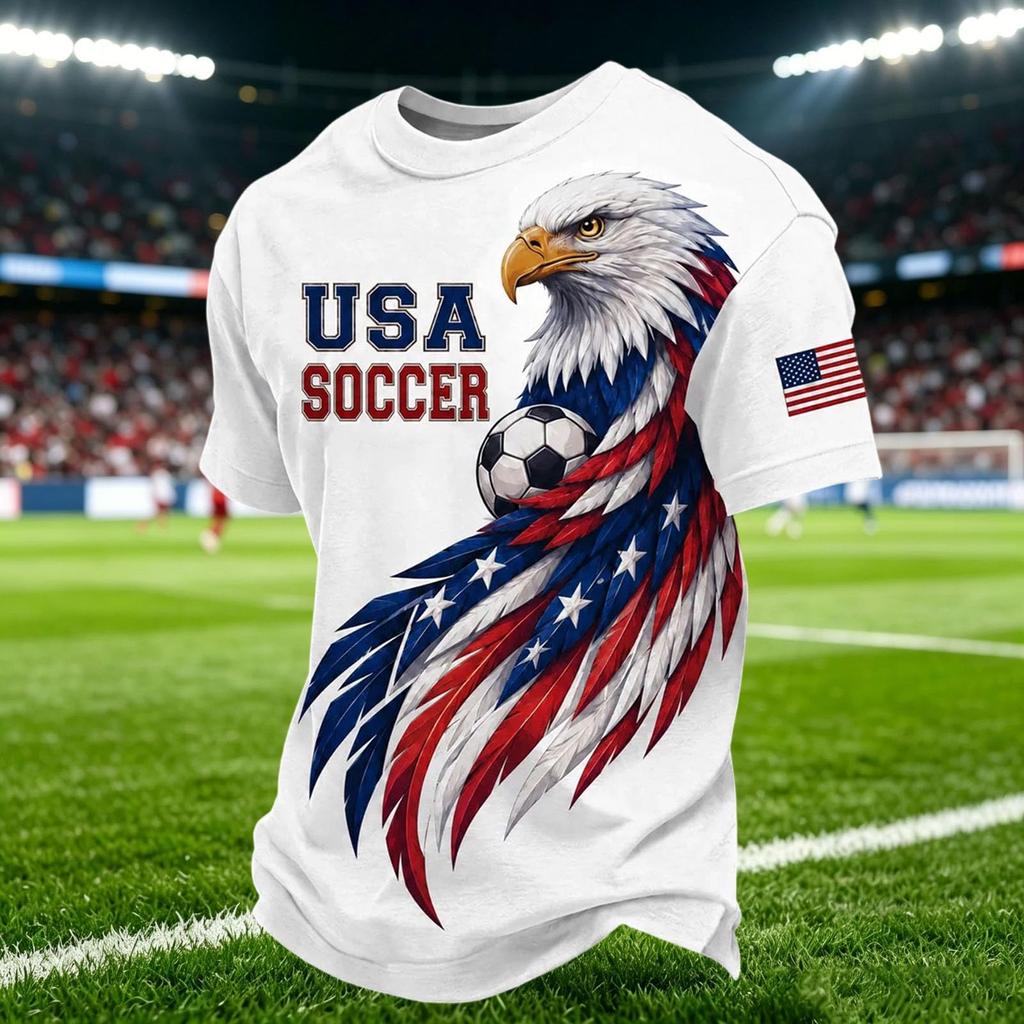 Men's Casual V Neck Breathable Short Sleeve Shirt Soccer Graphic Print Lightweight Comfortable Fit USA Theme